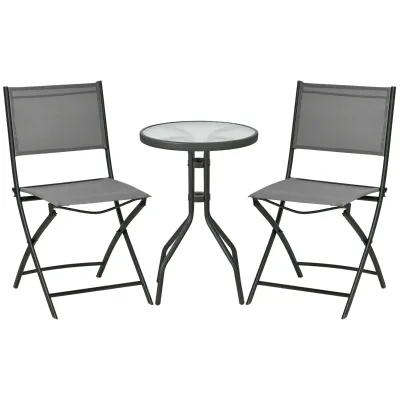 Garten-Bistroset für 2 Personen Gartenmöbel Set inkl. 1 Tisch, 2 klappbaren Stühlen, Gartengarnitur Stahl Grau