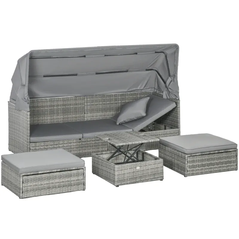 Garten-Sofagarnitur, 4-tlg., mit Sonnendach, Kissen, Polyrattan/Metallrahmen, Grau