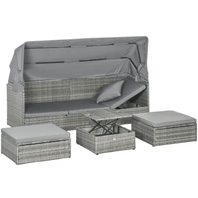 Garten-Sofagarnitur, 4-tlg., mit Sonnendach, Kissen, Polyrattan/Metallrahmen, Grau