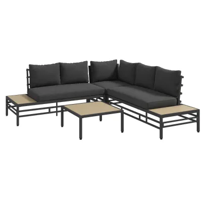 Gartensitzgruppe Gartenmöbel-Set Lounge-Set, 1 Couchtisch, 2 Beistelltische, 2 Sofas, Dunkelgrau + Hellbraun+ Schwarz