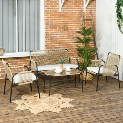 4-teilige Boho Gartensitzgruppe Gartenmöbel-Set Lounge-Möbel, 110 cm x 65 cm x 74 cm, Natur + Cremeweiss