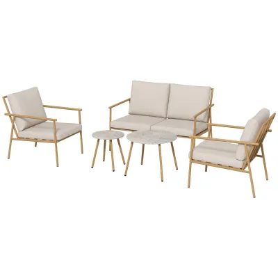 Stabiles Gartenmöbel-Set, 5-teilig, Tisch in Marmoroptik, Metallrahmen, Hellbraun/Cremeweiss