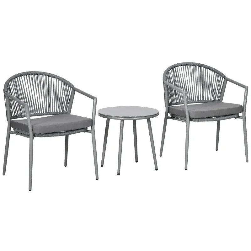 Gartenmöbel-Set, 2 Stühle &amp; 1 Tisch mit Glasplatte, Rattanoptik, wetterfest, Metallrahmen, Grau