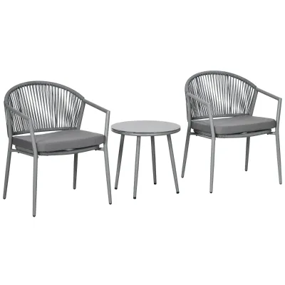 Gartenmöbel-Set, 2 Stühle &amp; 1 Tisch mit Glasplatte, Rattanoptik, wetterfest, Metallrahmen, Grau