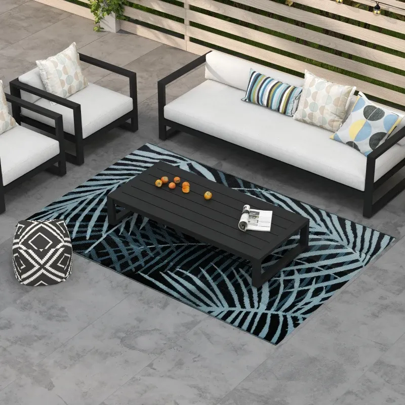 Outdoor-Teppich, wasserdicht, doppelseitiges Design, hochwertige Kunststofffaser, schwarz+grau, 182 x 274cm