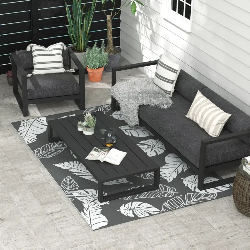 Outdoor Wendeteppich, wasserfest, Blattmuster, 182x274cm, Grau/Weiss