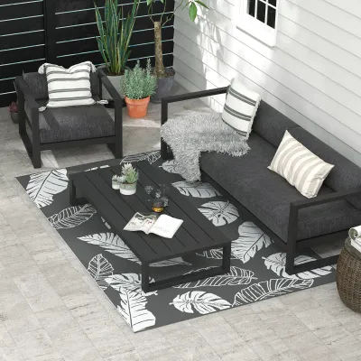 Outdoor Wendeteppich, wasserfest, Blattmuster, 182x274cm, Grau/Weiss