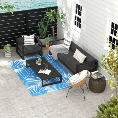Outdoor Wendeteppich, wasserfest, Blattmuster, 182x274cm, Blau/Creme