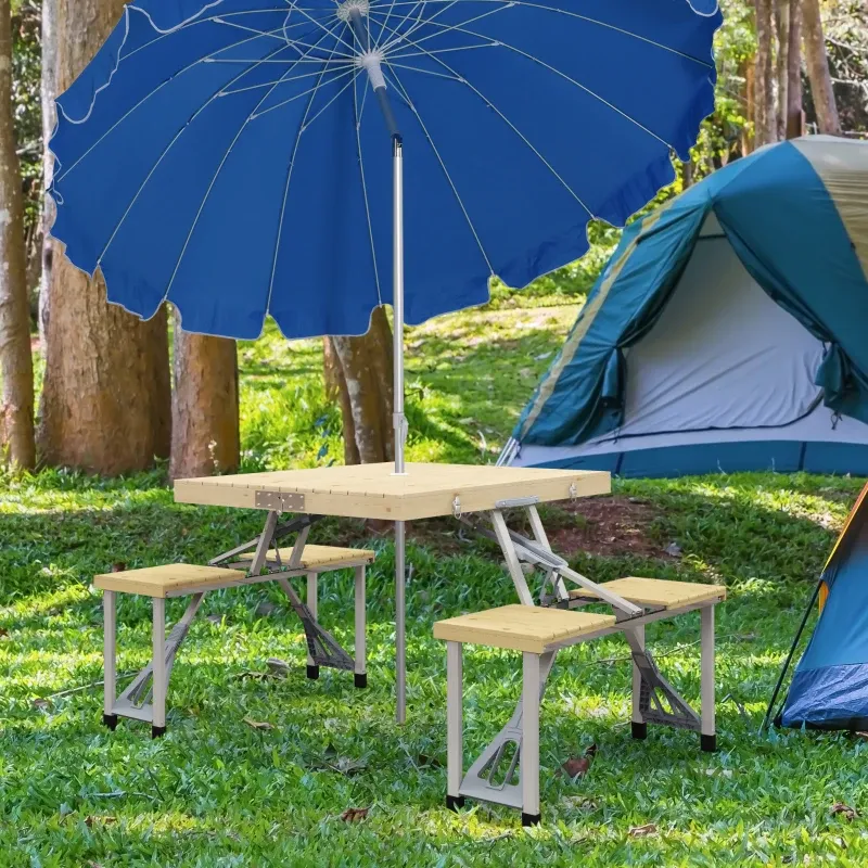 Campingtisch, faltbar, 4 Sitzplätze, Schirmloch, Holztischplatte, Aluminiumrahmen, 85,5x72,5x67cm