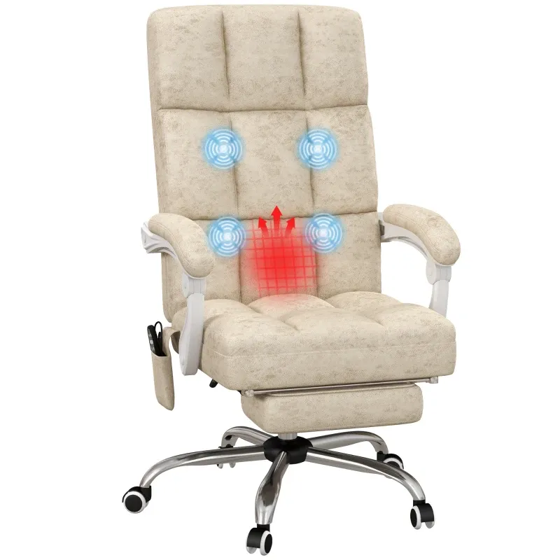 Bürostuhl mit Massage- & Wärmefunktion, Fussstütze, verstellbar, bis 120kg, Beige