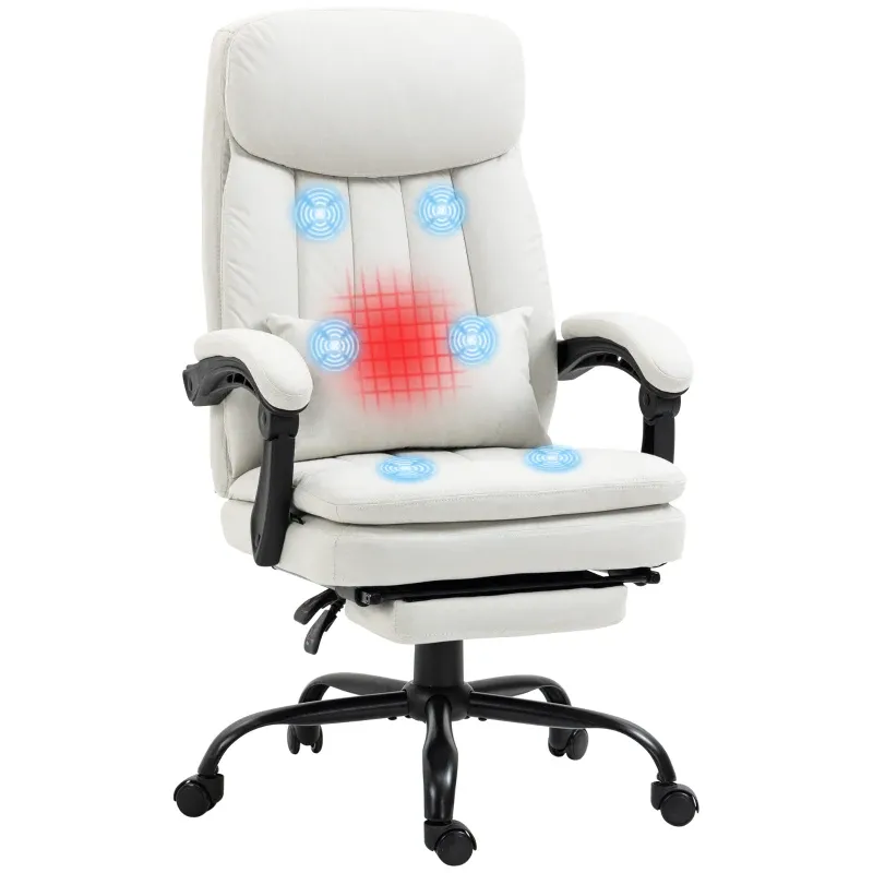 Bürostuhl, Chefsessel mit Massage- und Heizfunktion, ergonomisch, 66x67x110-118cm, Cremeweiss