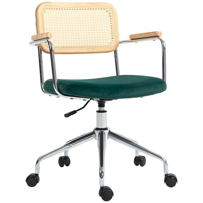 Bürostuhl, Boho-Design, Holzarmlehnen, drehbar, verstellbar, bis 120 kg, Stahl, Grün