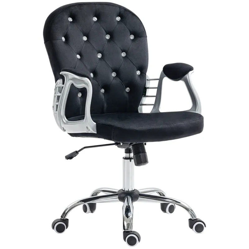Bürostuhl, Knopfheftung, Samtoptik, höhenverstellbar, ergonomisch, bis 120 kg, Schwarz