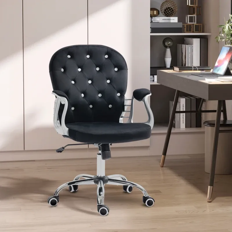 Bürostuhl, Knopfheftung, Samtoptik, höhenverstellbar, ergonomisch, bis 120 kg, Schwarz