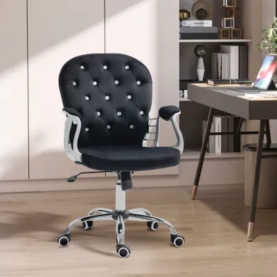 Bürostuhl, Knopfheftung, Samtoptik, höhenverstellbar, ergonomisch, bis 120 kg, Schwarz
