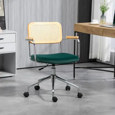Bürostuhl, Boho-Design, Holzarmlehnen, drehbar, verstellbar, bis 120 kg, Stahl, Grün