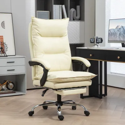 Bürostuhl, Chefsessel, verstellbare Sitzhöhe, Fussstütze, Kunstleder, bis 135 kg, Metallbasis, 66x72x116-124cm, Beige