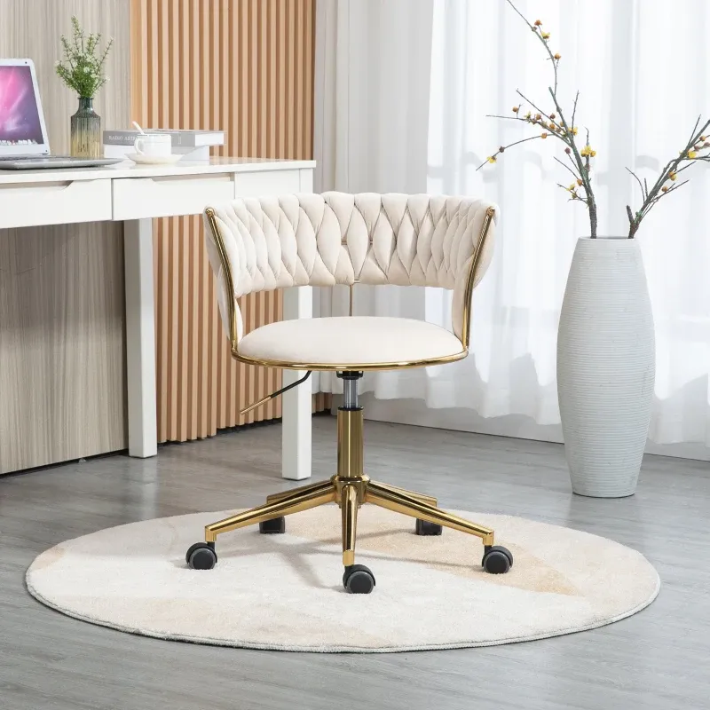 Design-Bürostuhl mit Bezug in Samtoptik, 360° drehbar, höhenverstellbar, bis 126kg belastbar, vergoldeter Fuss, Elfenbeinweiss