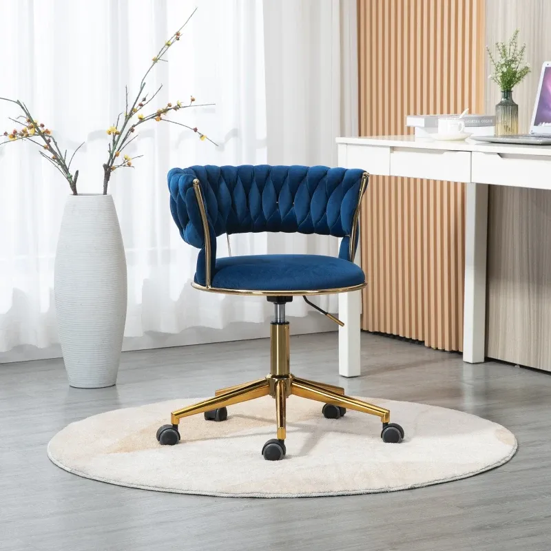 Design-Bürostuhl mit Bezug in Samtoptik, 360° drehbar, höhenverstellbar, bis 127 kg belastbar, vergoldeter Fuss, Blau
