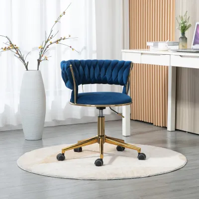 Design-Bürostuhl mit Bezug in Samtoptik, 360° drehbar, höhenverstellbar, bis 127 kg belastbar, vergoldeter Fuss, Blau
