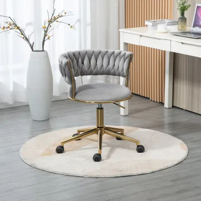 Design-Bürostuhl mit Bezug in Samtoptik, 360° drehbar, höhenverstellbar, bis 127 kg belastbar, vergoldeter Fuss, Blau
