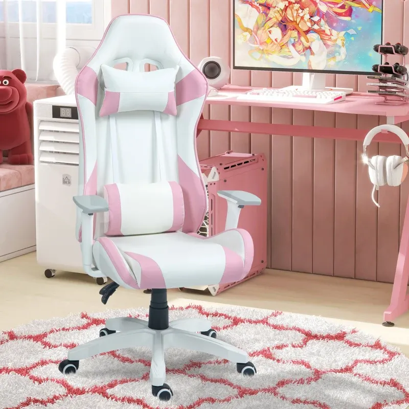 Gamingstuhl, Racing-Design, neigbar, höhenverstellbar, Kunstleder, Rosa/Weiss