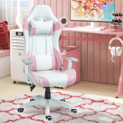Gamingstuhl, Racing-Design, neigbar, höhenverstellbar, Kunstleder, Rosa/Weiss
