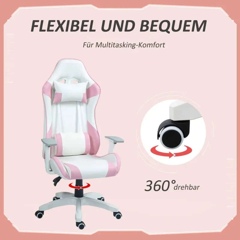 Gamingstuhl, Racing-Design, neigbar, höhenverstellbar, Kunstleder, Rosa/Weiss