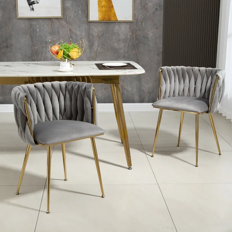 Set aus 2 Esszimmerstühlen in Samtoptik mit vergoldeten Metallbeinen, Grau