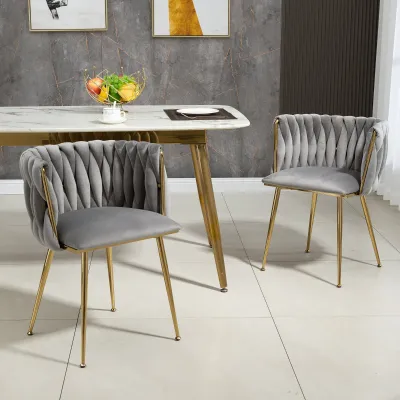 Set aus 2 Esszimmerstühlen in Samtoptik mit vergoldeten Metallbeinen, Grau