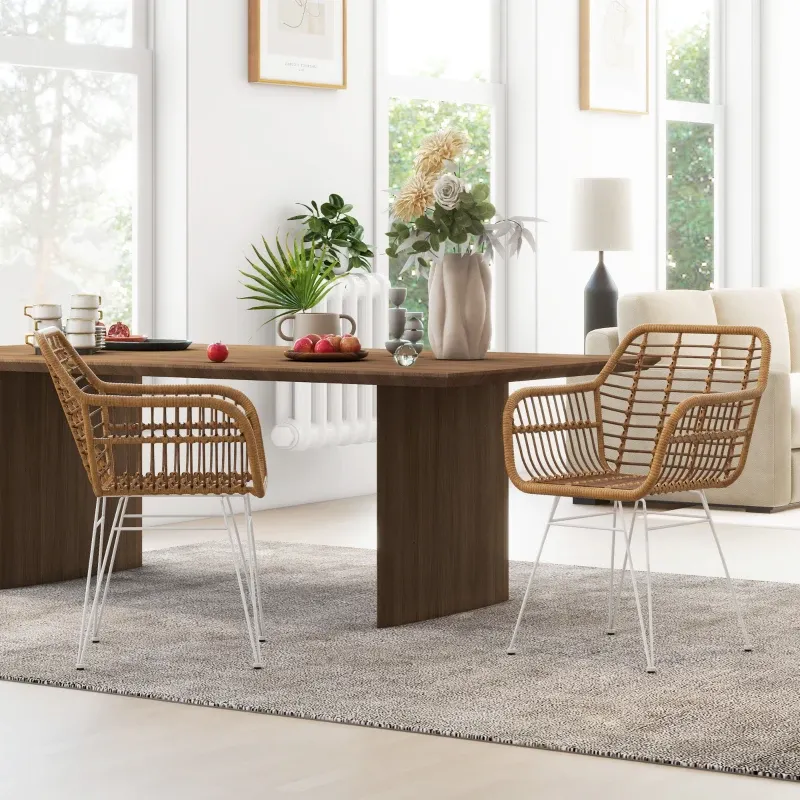 2-er-Set Stühle im Boho-Stil, Küchenstühle, PE-Rattan,Natur + Weiss
