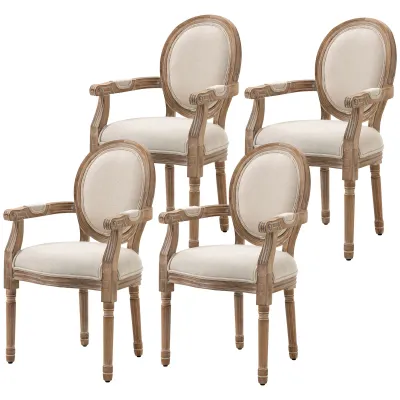 4er Set Esszimmerstuhl im Antik-Design, atmungsaktiver Bezug, Leinenoptik, Massivholzrahmen, 56 x 54 x 96cm, cremeweiss