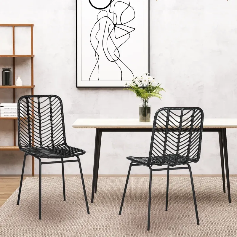 2er-Set Esszimmerstühle Aktzentstühle Küchenstühle, Boho-Stil, Rattan, Schwarz