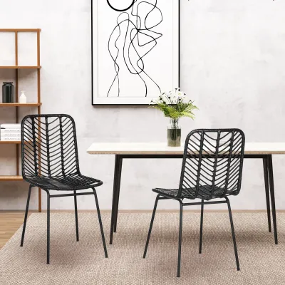 2er-Set Esszimmerstühle Aktzentstühle Küchenstühle, Boho-Stil, Rattan, Schwarz