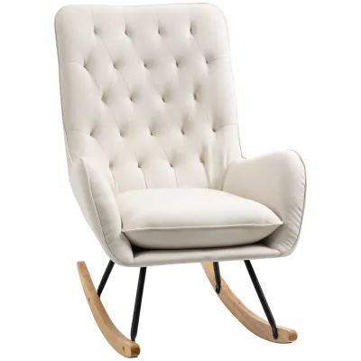 Schaukelstuhl im Skandi-Design Relaxsessel, Knopfheftung, Creme + Natur + Schwarz