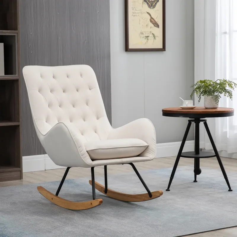 Schaukelstuhl im Skandi-Design, Knopfheftung, Creme+Natur+Schwarz – 69 x 90 x 100 cm, Leinenoptik, Gummiholz