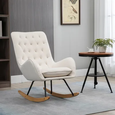 Schaukelstuhl im Skandi-Design, Knopfheftung, Creme+Natur+Schwarz – 69 x 90 x 100 cm, Leinenoptik, Gummiholz
