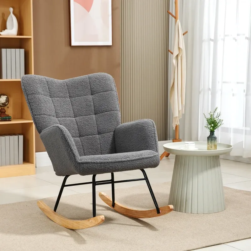 Schaukelstuhl im Retro-Design, Massivholz, Sessel, Relaxsessel, Dunkelgrau