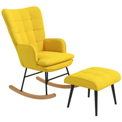 Schaukelstuhl mit Ottomane Skandidesign Schaukelsessel mit Fusshocker,  gelb