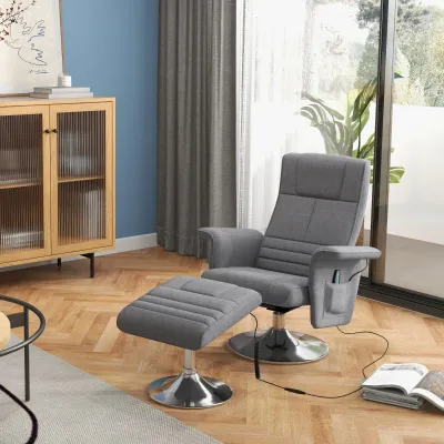Massagesessel mit Hocker Dunkelgrau, neigbare Lehne, 78x95x88 cm, Massagefunktion 8-Punkt - auf Wunsch mit Montageservice