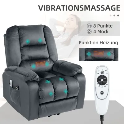 Massagesessel Aufstehsessel Seniorensessel Relaxsessel, 8 Massagepunkte, 2 Seitentaschen, Grau