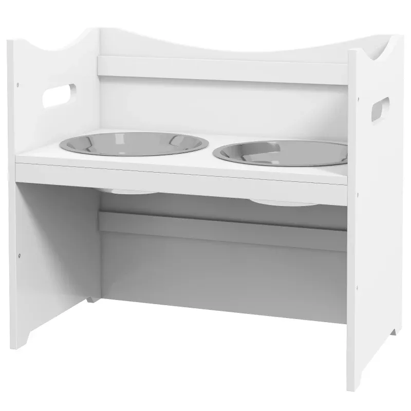 Futterstation für Hunde, 2 Edelstahlnäpfe, höhenverstellbar, 54x31,5x47cm, Weiss
