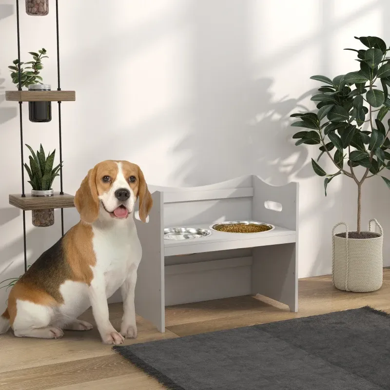 Futterstation Hunde – 2 Edelstahlnäpfe, höhenverstellbar, Weiss