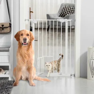 Hundegitter mit Katzenklappe, 74–80 cm, weiss, Metall, ohne Bohren, Automatik