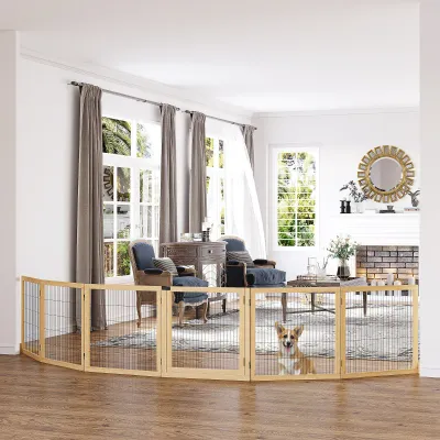 XL Haustiergitter Absperrgitter für Hunde, Hundegitter, Kiefernholz, klappbar 432 x 36 x 70 cm, Natur