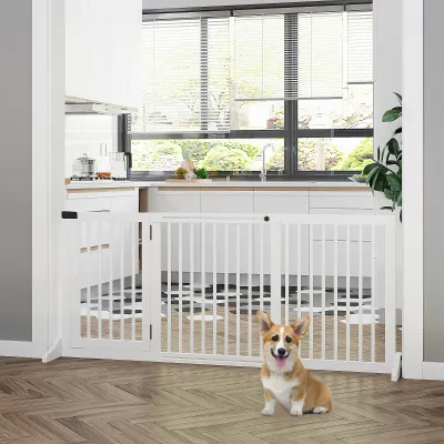 Absperrgitter Hunde 113–166x36x71 cm, weiss, Holz, freistehend, mit Tür, Kamin & Ofen