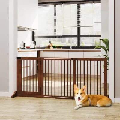 Absperrgitter Hunde 113–166x36x71 cm, braun, Holz, freistehend, mit Tür, Kamin & Ofen
