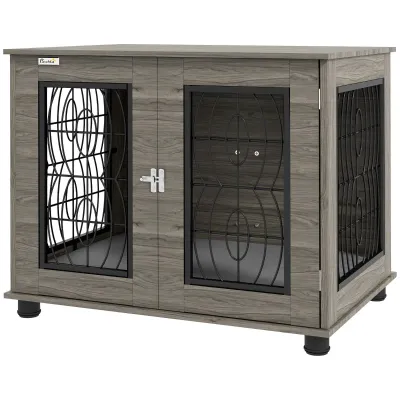 Heim-Hundebox mit Liegekissen, bis 20kg/50cm Körperlänge, Grau/Holzdekor