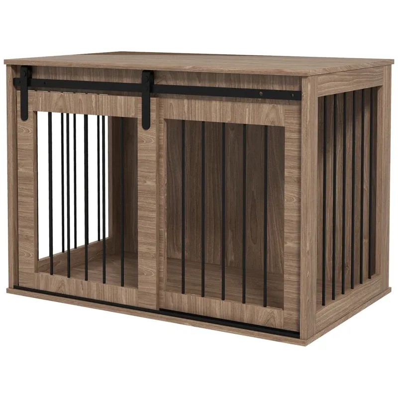 Heim-Hundebox Hundekäfig, Verriegelbar, Holzoptik, rustikales Design, Baumnuss + Schwarz
