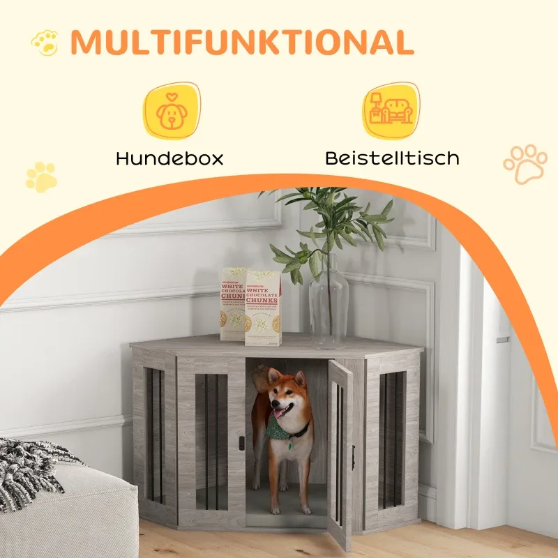 Eck-Hundebox (104x55x63cm) – Verriegelung, Liegekissen, Braun
